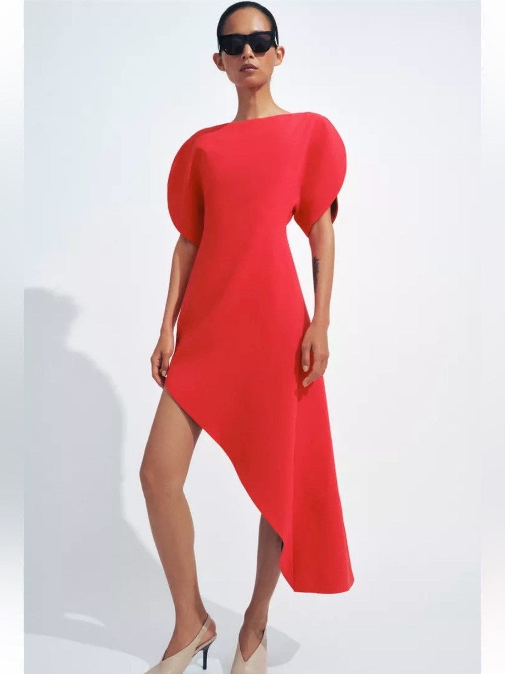 New ZARA ZW Collection Asymmetric Puff-Sleeve Midi Dress